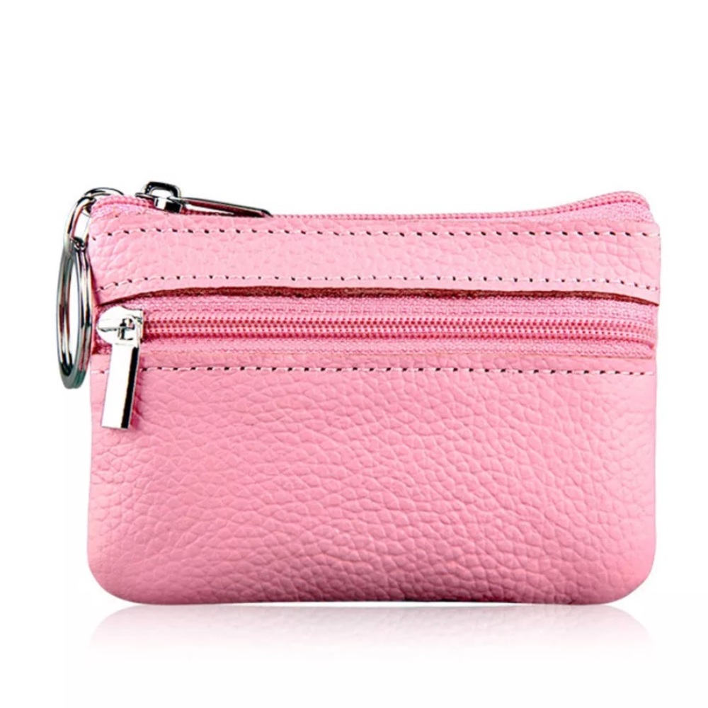 Soft Leather Change Purse with Key Ring, Baby Pink
